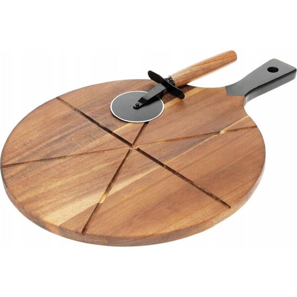 Deska do krojenia Excellent Houseware Deska do pizzy drewniana okrągła z nożem 30 cm 2 el.