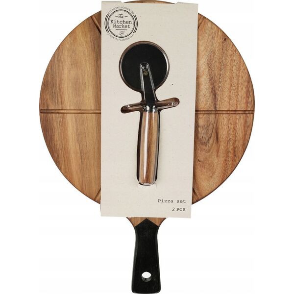 Deska do krojenia Excellent Houseware Deska do pizzy drewniana okrągła z nożem 30 cm 2 el.