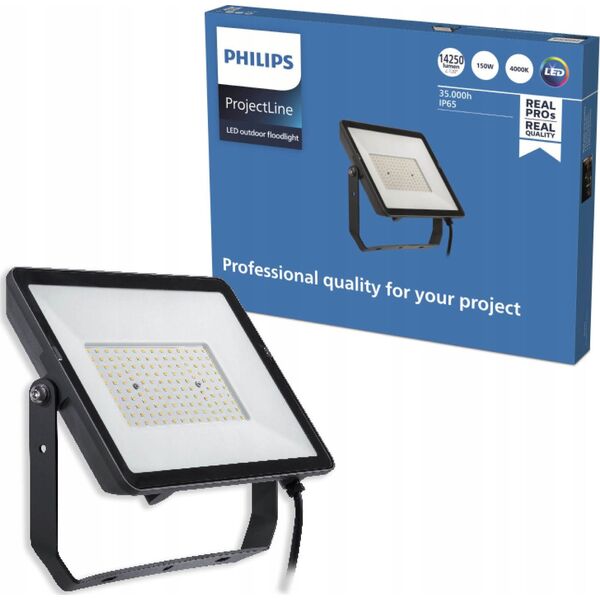 LED floodlight PHILIPS, IP65, 150W, 4000 K, 14250 lm, black, 38.5 x 4.1 x 29.8 cm