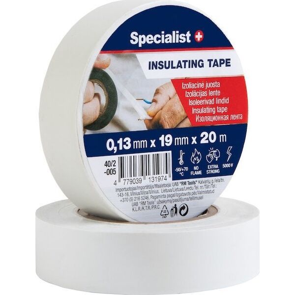 SPECIALIST+ insulating tape, 0.13 x 19 mm, white, 20 m