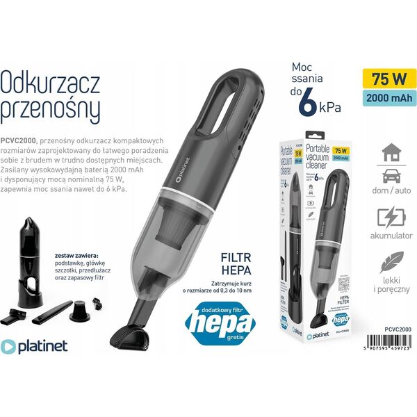 PLATINET CAR VACUUM CLEANER ODKURZACZ SAMOCHODOWY TYPE C 2800 MAH 75W [45973]