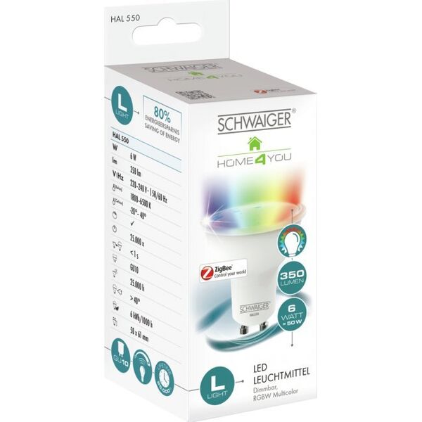 Schwaiger Schwaiger HAL550, Έξυπνος λαμπτήρας, Λευκό, ZigBee, LED, GU10, Μπλε, Πράσινο, Κόκκινο 13800416 4004005029512
