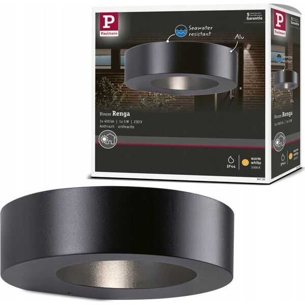 Paulmann φωτιστικό τοίχου RENGA LED φωτιστικό πρόσοψης 5W 270lm 3000K IP44 ανθεκτικό στο θαλασσινό νερό 230V αλουμίνιο ανθρακί 13684567 4000870947203