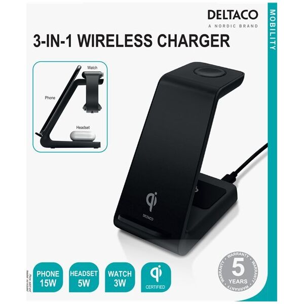 Φορτιστής Deltaco 3-σε-1 belaidis įkroviklis DELTACO 15 W, USB-C, Qi sertifikuotas, ένδειξη LED, juodas / QI-1037 13452017 7333048054050