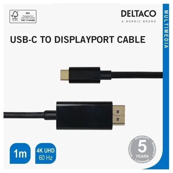 Καλώδιο Deltaco USB-C - DisplayPort καλώδιο DELTACO 4K UHD, paauksuotos jungtys, 1m, juodas / USBC-DP100-K / 00140012 13425961 7333048053046