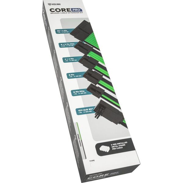 Kolink Kolink Core Pro Braided Cable Extension Kit 12V-2x6 Type 1 - Venom Green 13338815 5999094005778