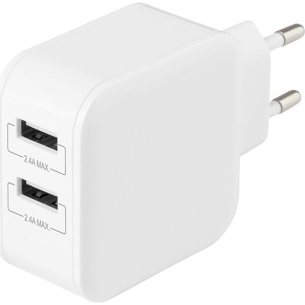 Deltaco DELTACO USB φορτιστής sieninis įkroviklis, 2x USB-A 2.4 A, iš viso 24 W, baltas USB-AC175 13434504 7333048047076