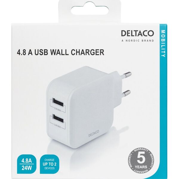 Deltaco DELTACO USB φορτιστής sieninis įkroviklis, 2x USB-A 2.4 A, iš viso 24 W, baltas USB-AC175 13434504 7333048047076