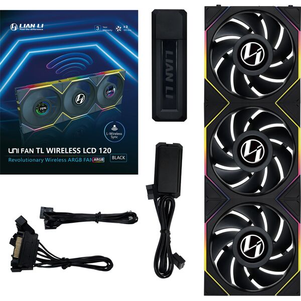 Lian Li UNI FAN TL Wireless LCD Lüfter, ARGB, PWM, 3er-Pack inkl. Controller - 120 mm, schwarz
