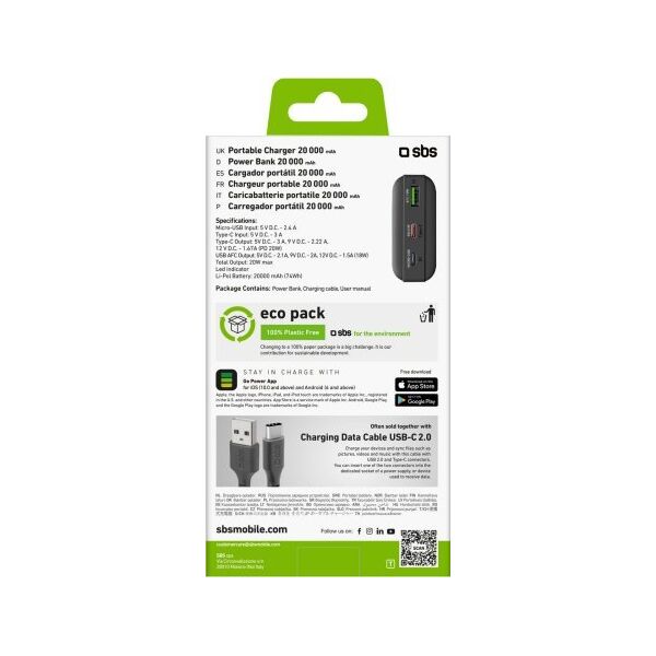Powerbank SBS TTBB20000PD20K 20000 mAh 20W PD USB-C, USB-A, Micro-USB - czarny
