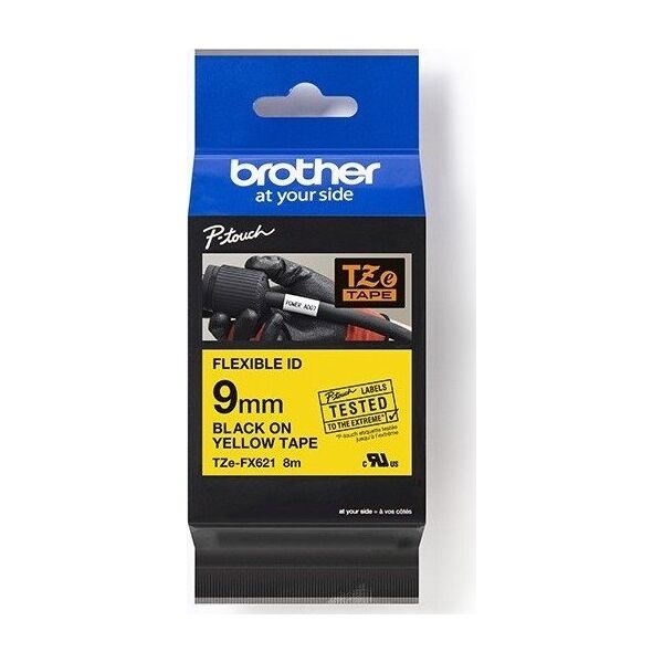 Brother Brother oryginalny taśma do drukarek etykiet, Brother, TZEFX621, czarny druk/żółty podkład, laminowane, 8m, 9mm, flexibilní