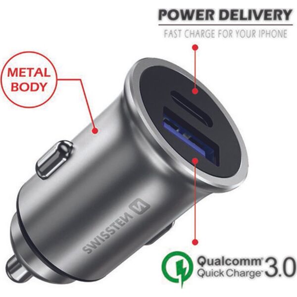 Ładowarka Swissten Ładowarka samochodowa SWISSTEN 36W, 2-portowy, USB-C, USB-A