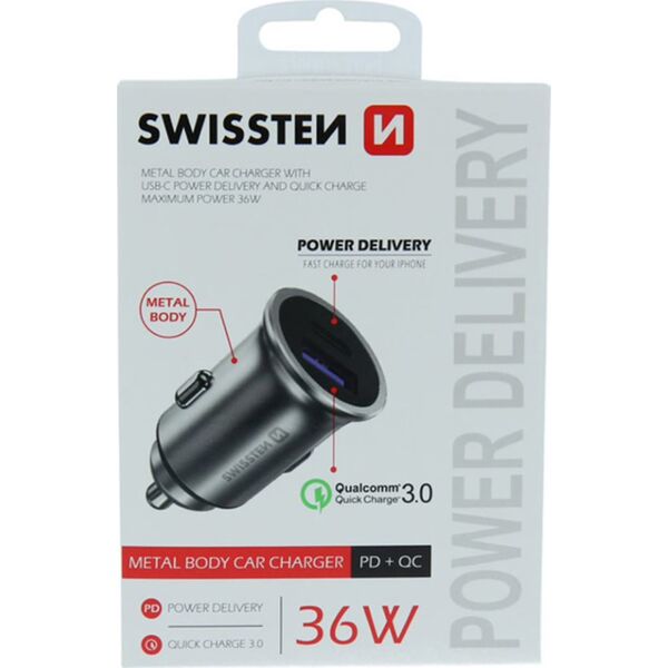 Ładowarka Swissten Ładowarka samochodowa SWISSTEN 36W, 2-portowy, USB-C, USB-A