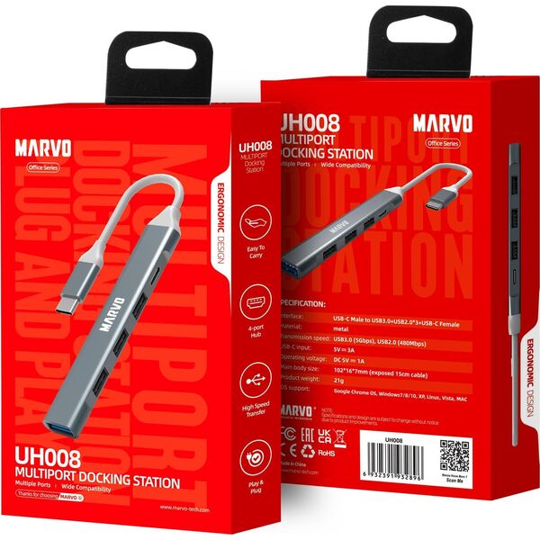 HUB USB Marvo USB (3.0) hub 5-port, UH008, metalowy, Marvo