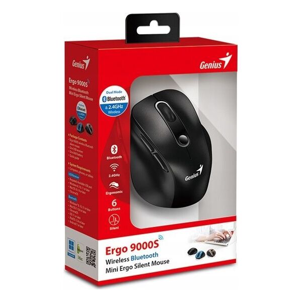 Mysz Genius Mysz bezprzewodowa Genius Ergo 9000S Mini Czarna Cichy klik Bluetooth 5.0 + 2,4GHz