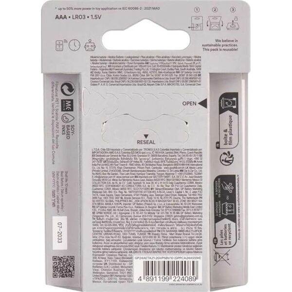 GP Bateria alkaliczna, AAA (LR03), AAA, 1.5V, GP, blistr, 10-pack, SUPER