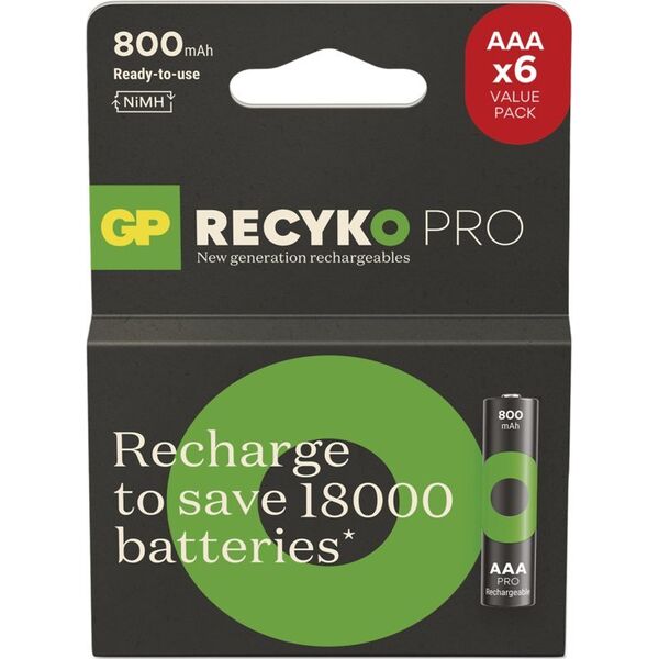 Akumulatorki, AAA (HR03), 1.2V, 800 mAh, GP, kartonik, 6-pack, ReCyko Pro