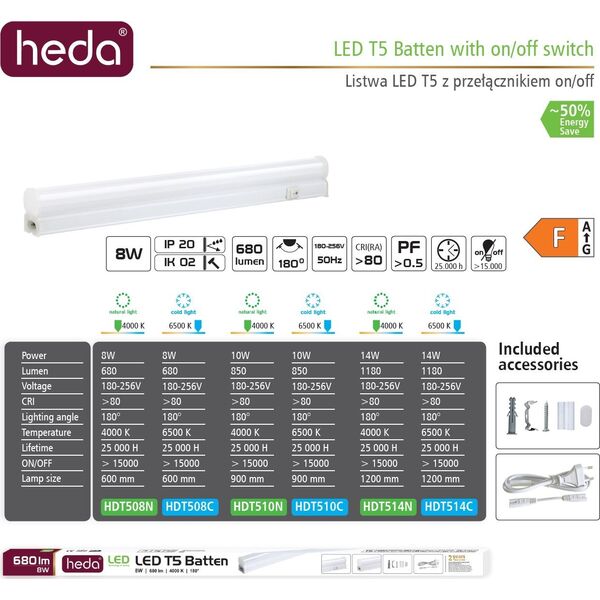 BestService λωρίδα LED Heda Λωρίδα LED 8W T5 60CM 680LM 4000K HDT508N Lumax 14071263 5901087202057