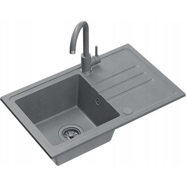 Zlewozmywak BEN 111 zlewozmywak granitowy silver stone 70x44 z szarą baterią ze stałą wylewką, z szarym syfonem i szarą zaślepką