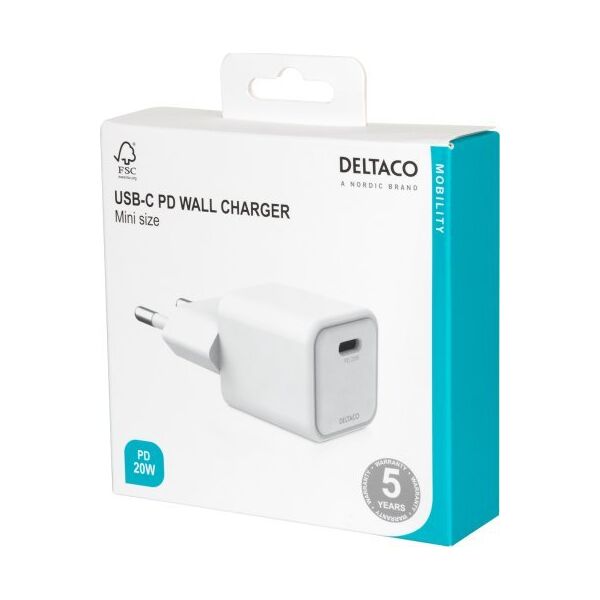 Deltaco USB-C μίνι φορτιστής sieninis įkroviklis DELTACO 1x USB-C, PD 20 W, baltas / USBC-AC150 13432088 7333048057655
