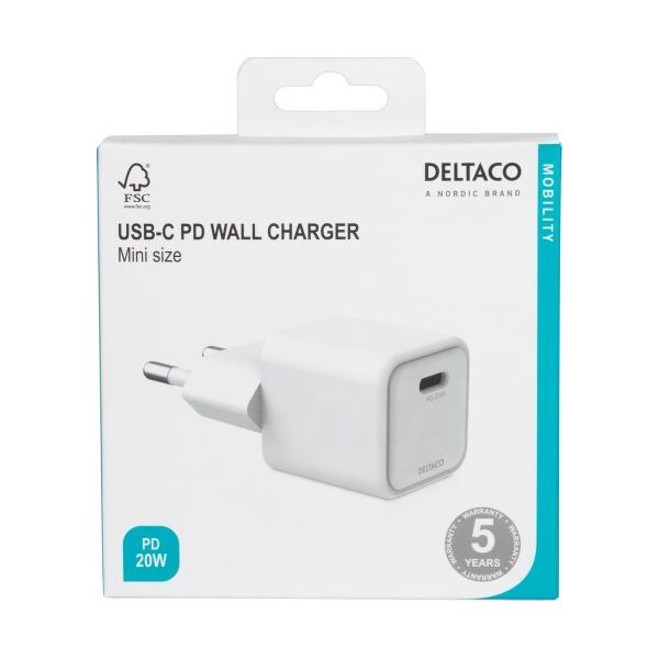 Deltaco USB-C μίνι φορτιστής sieninis įkroviklis DELTACO 1x USB-C, PD 20 W, baltas / USBC-AC150 13432088 7333048057655