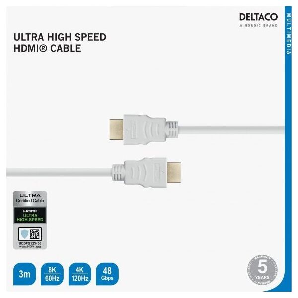Deltaco Ultra High Speed ​​καλώδιο HDMI kabelis DELTACO ARC, QMS, 8K σε 60Hz, 4K UHD σε 120Hz, 3m, baltas / HU-30A-R 13434111 7333048049803