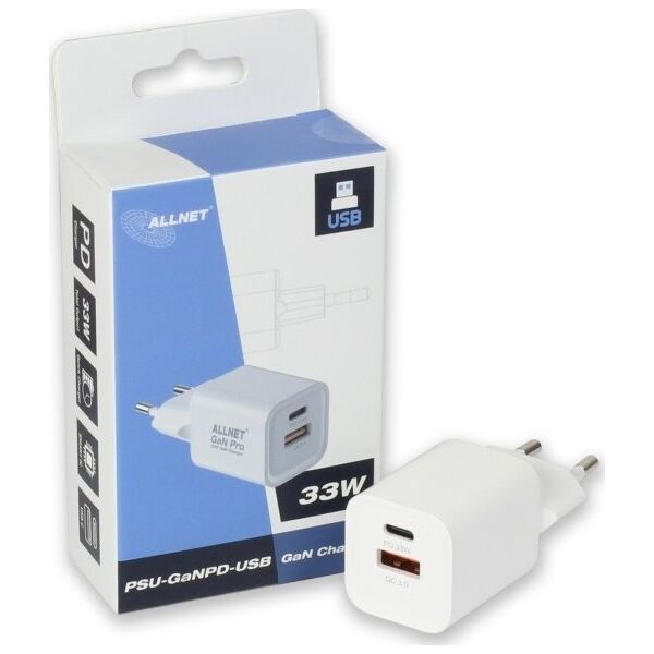 Allnet Z ALLNET Ersatznetzteil QC USB-C PD GaN Τροφοδοτικό Netzteil33Watt 1x USB Type-A QC 1x USB Type-C**EU PLUG** 13691886 4038816125552
