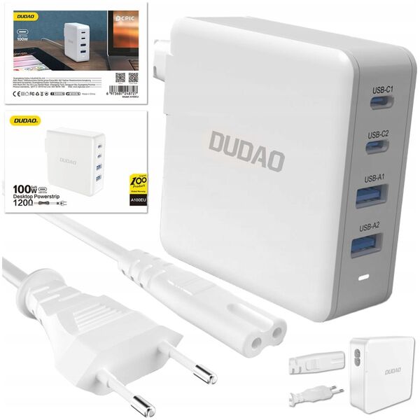 Ładowarka Dudao Szybka ładowarka sieciowa GaN 100W 2 x USB-C / 2 x USB Dudao A100EU - biała
