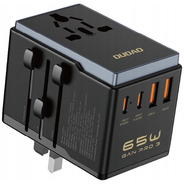 Adapter USB Dudao Adapter podróżny Dudao A65Pro 65W EU / US / JP / AUS / UK 2x USB-C 2x USB-A - czarny