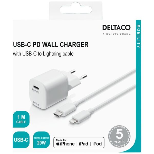 Deltaco DELTACO καλώδιο τροφοδοσίας USB sieninis įkroviklis, USB-C, PD 20 W, 1 m C - "Lightning" USBC-AC141 13413332 7333048048967