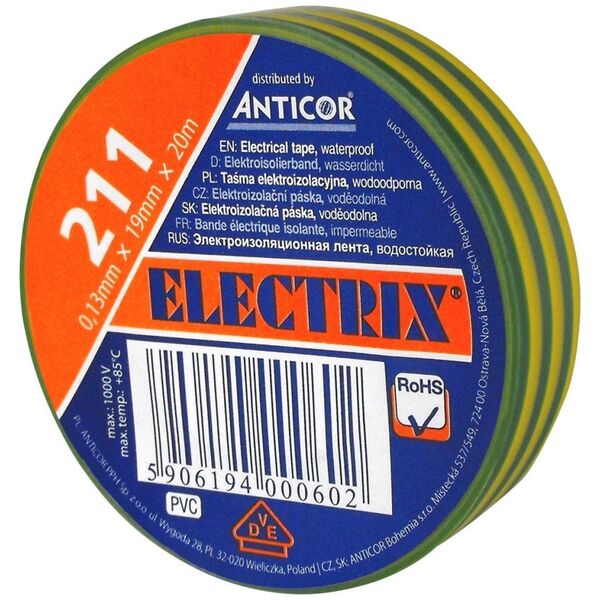 Anticor Taśma elektroizolacyjna PCW zielono-żółta 19mm 20m