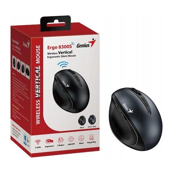 Mysz Genius GENIUS myš Ergo 8300S Iron Grey/ vertikální/ 1600 dpi/ bezdrátová/ 7tlačítek/ tichá/ kovově šedá