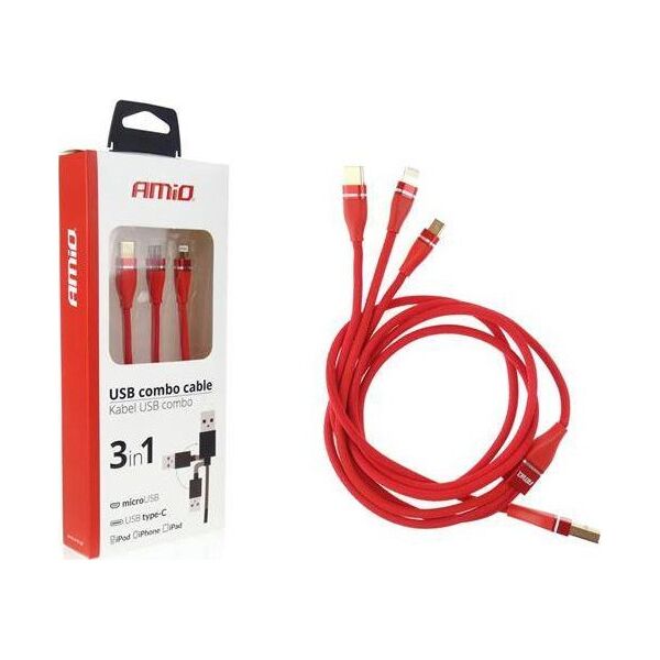 Kabel USB AMiO USB-A - USB-C + microUSB + Lightning 1.2 m Czerwony (V31AC-AMI-02178)