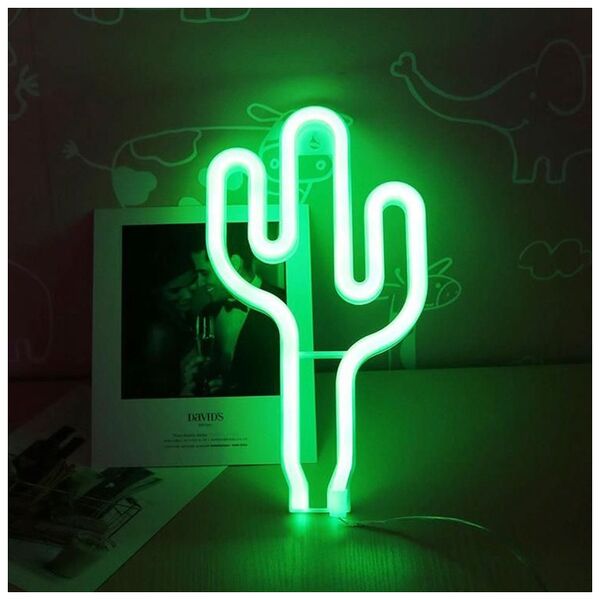 Lampa stołowa Aptel ZD79 LAMPA NEONOWA LED ŚCIENNA USB KAKTUS ZIELONA
