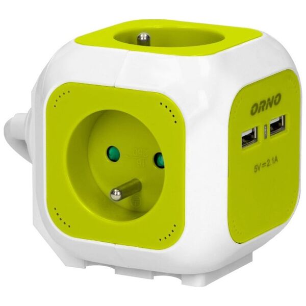 Orno Przedłużacz Kostka 4-krotny z ładowarką 2xUSB 1,4m limonkowy