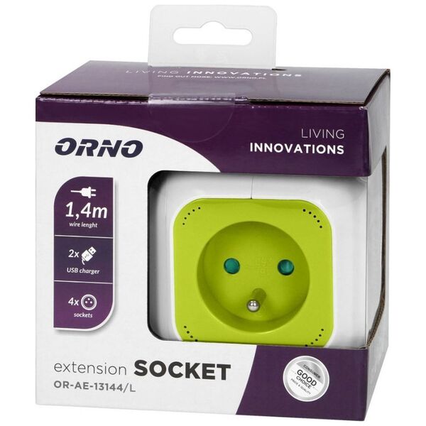Orno Przedłużacz Kostka 4-krotny z ładowarką 2xUSB 1,4m limonkowy