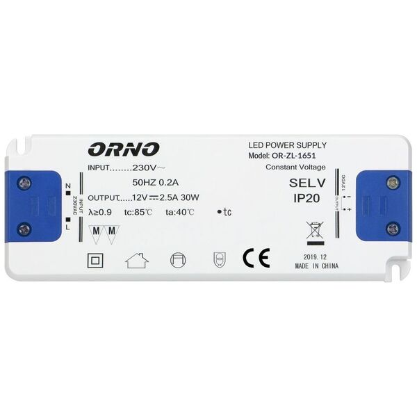Zasilacz serwerowy Orno Zasilacz płaski do LED 12VDC 30W, IP20, wysokość 18mm