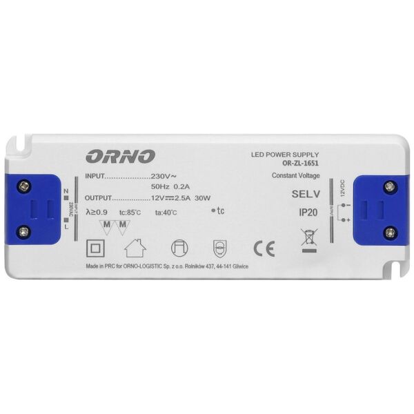 Zasilacz serwerowy Orno Zasilacz płaski do LED 12VDC 30W, IP20, wysokość 18mm