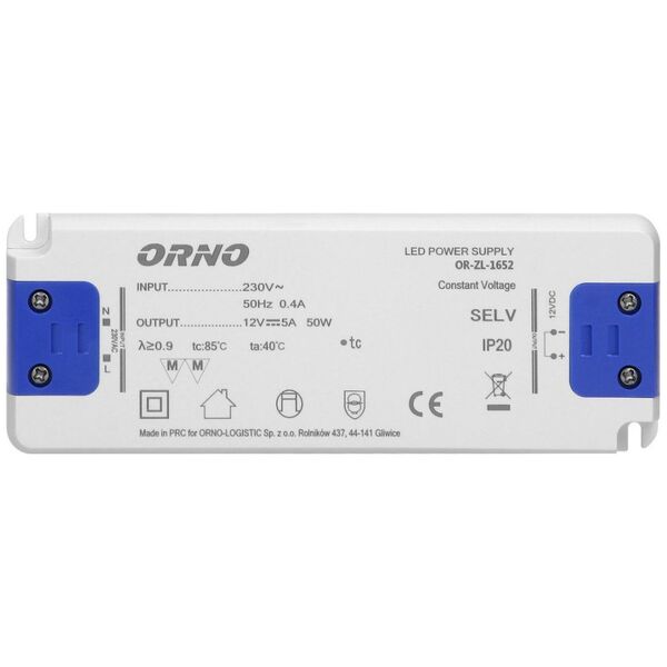 Zasilacz serwerowy Orno Zasilacz płaski do LED 12VDC 50W, IP20 wysokość 18mm