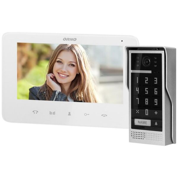 Orno Zestaw wideodomofonowy, bezsłuchawkowy, kolor, LCD 7", interkom, z szyfratorem, natynkowy, biały, SCUTI