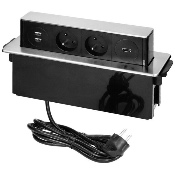 Orno Gniazdo meblowe wysuwane z blatu z płaskim frezowanym rantem, ładowarką USB i przewodem 2m,  2x2P+Z, 2 x USB (Typ A), HDMI, 3x1,5mm2, czarno-srebrne, INOX