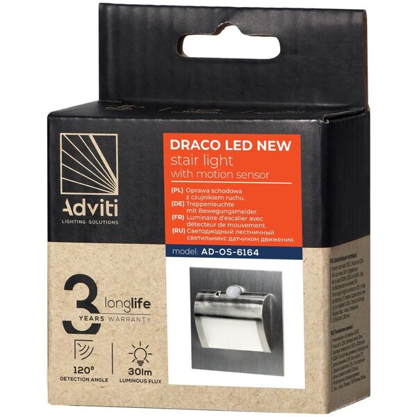 Oprawa schodowa Orno DRACO LED NEW 1,5W, oprawa schodowa podtynkowa, 12VDC, 30lm, 6000K, satyna, czujnik ruchu i zmierzchu AD-OS-6164LR6/N