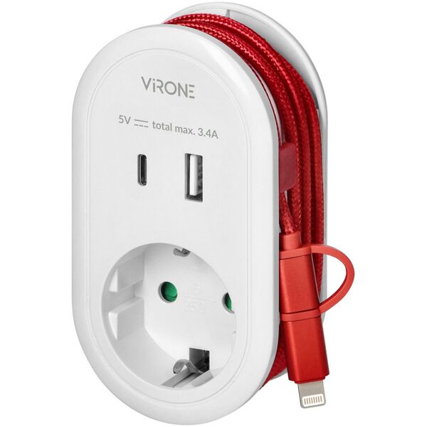 Adapter USB Orno Adapter z ładowarką USB i kablem ładującym (typ C + Lightning), 1x2P+Z Schuko, 2xUSB (Typ A+C), max 3,4A