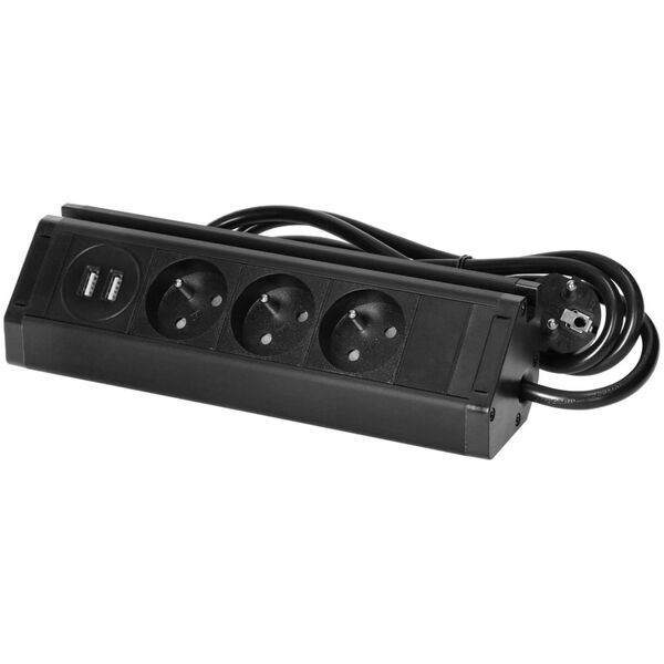 Orno Potrójne gniazdo meblowe z uchwytem na telefon, ładowarką USB i przewodem 1,5m, 3x2P+Z, 2xUSB (typ A, 2,4A), czarne