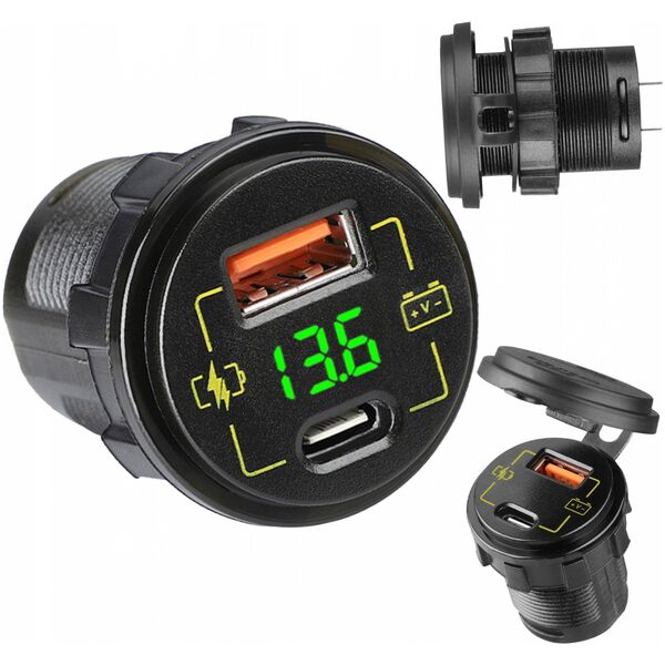 Ładowarka Blow Ładowarka samochodowa montażowa USB+USB-C M18A woltomierz