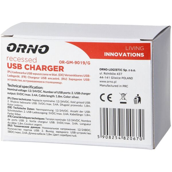 Orno Ładowarka 2XUSB 3,4A, wpuszczana w blat, srebrna