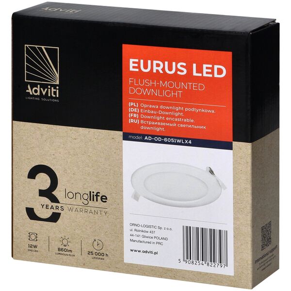 Orno EURUS LED 12W, oprawa downlight, podtynkowa, okrągła, 860lm, 4000K, biała, wbudowany zasilacz LED