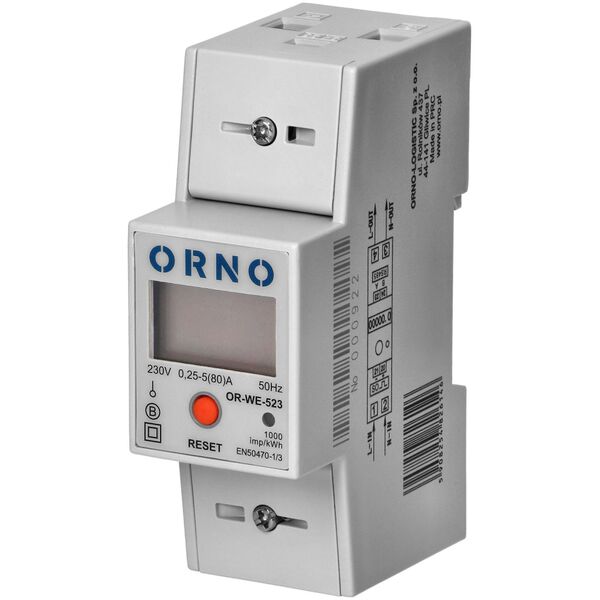 Orno 1-fazowy wskaźnik zużycia energii elektrycznej, 80A, MID, RS485, dodatkowy wskaźnik, wyjście impulsowe, przycisk RESET, 2 moduły, DIN TH-35mm