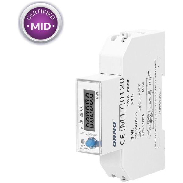 Orno 1-fazowy licznik energii elektrycznej, 100A, port RS-485, MID, 1 moduł, DIN TH-35mm, PV