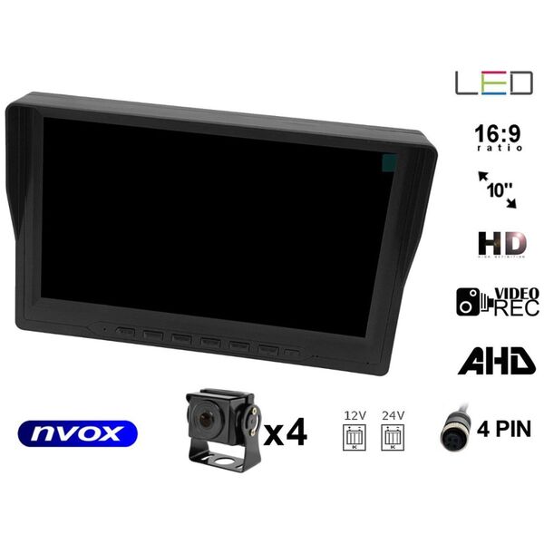 Nvox Monitor samochodowy lcd 9cali ahd 4pin z funkcją rejestratora 12v 24v oraz 4 kamery ahd